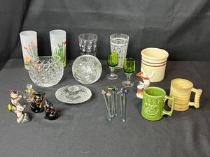 lot 111 image: Vintage Glassware and Collectibles Lot Including Crystal Bowls, Barware, and Figurines
