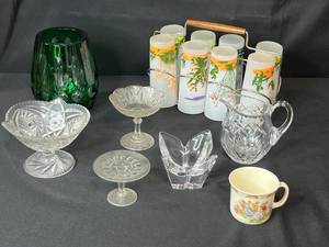 lot 112 image: Collection of Vintage Glassware and Crystal including Tumblers, Cups, and Bowls