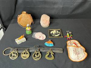 lot 113 image: Collection of Vintage Curiosities Including Pottery Canteen, Figurines, Coasters, and Decorative Items