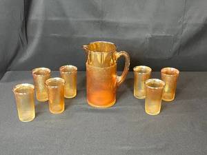 lot 116 image: Iridescent Glass Depression Glass Pitcher and Tumblers