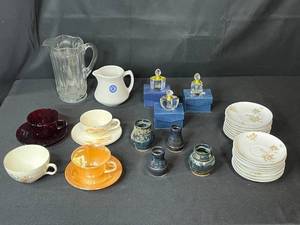 lot 119 image: Vintage Mixed Collection of Glassware, Pottery, Porcelain, Teacups and Refillable Decorative Perfume Bottles w Orig Boxes