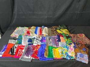 lot 139 image: Collection of Assorted Colorful Vintage Scarves and Handkerchiefs