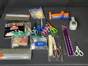 lot 141 image: Crafting Lot Including Scissors, Paper Trimmers, Colored Pencils, Rulers, Tape, and More