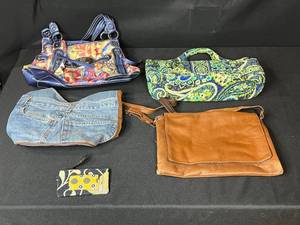 lot 142 image: Collection of Handbags and Purses Including Leather, Denim, and Patterned Styles