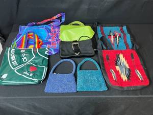 lot 149 image: Set of Assorted Handbags and Tote Bags Including Beaded, Woven, and Themed Designs