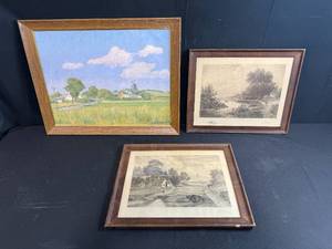 lot 155 image: Framed Landscape Artwork Lot Lillemark Signed Oil Painting & 2 B.Thomas Etchings
