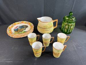 lot 156 image: Vintage Hand Painted China Lot with Plates, Pitcher, Mugs, and Green Glass Jar - inc Nippon