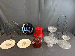 lot 157 image: Collection of Decorative Stands, Glass Compotes, Red Top Hat and Crock Pot