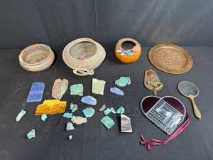 lot 159 image: Native American-Inspired Decor Collection with Pottery, Basket, Gourd, and Brass Plate