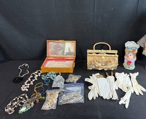 lot 163 image: Vintage Jewelry Lot with Shell Purse, Gloves and Decorative Box