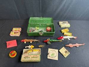 lot 172 image: Vintage Fishing Tackle Box with Assorted Wooden Lures and Accessories