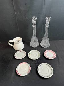 lot 174 image: Assorted Vintage Glass Decanters, Ceramic Pitcher, and SyracuseSterling China Saucers