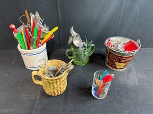 lot 176 image: Vintage Utensil and Kitchen Tool Collection in Stoneware, Glass, and Tin Holders