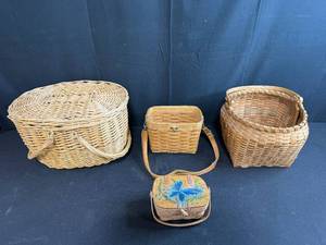 lot 178 image: Collection of 4 Woven Baskets with Straps and Painted Lid Detail