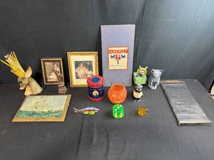 lot 180 image: Eclectic Vintage and Collectible Decor Lot Including Cat Figurines, Game, and Artwork