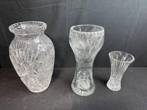 lot 182 image: Set of 3 Cut Glass Vases with Floral and Geometric Patterns