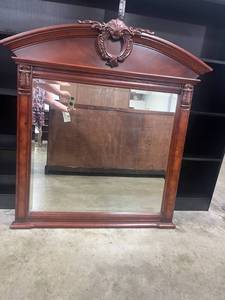 lot 5A image: Broyhill Ornate Wood-Framed Wall Mirror with Decorative Crest