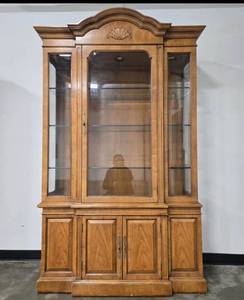 lot 9A image: Wooden China Cabinet Hutch with Glass Doors and Interior Shelves, 85 x 50 x 15 in