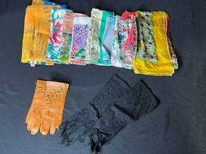 lot 190 image: Collection of Vintage Silk Scarves with Leather and Suede Gloves