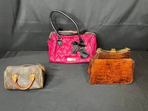 lot 191 image: Collection of 3 Designer Handbags Including Betsey Johnson, Louis Vuitton (no tags or lining), and Crocodile Pattern Purse