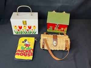 lot 193 image: Collection of 4 Vintage Handbags and Decorative Boxes Including Mickey Mouse Case