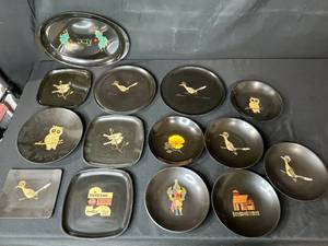 lot 198 image: Collection of Vintage Metal Trays and Plates with Artistic Designs