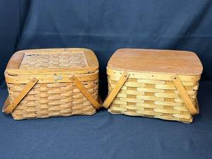 lot 199 image: Set of 2 Woven Picnic Baskets with Assorted Glassware and Mugs