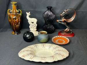 lot 200 image: Pottery Vase w Bold Dip & Collection of Vintage Decorative Vases, Figurines, and Bowls