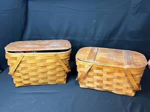 lot 202 image: 2 Wooden Picnic Baskets with Assorted Vintage Glass Bottles Jars