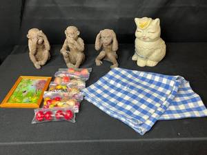 lot 206 image: Decorative Figurines, Cat Cookie Jar, Framed Art, Artificial Fruit and Checkered Tablecloths
