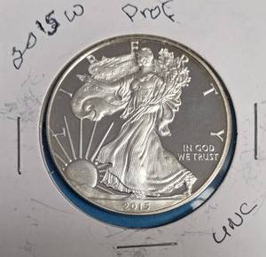 lot 10 image: 2015 W - American Silver Eagle - Proof Mint - 1 Oz. Fine Silver  (223,879 Minted)
