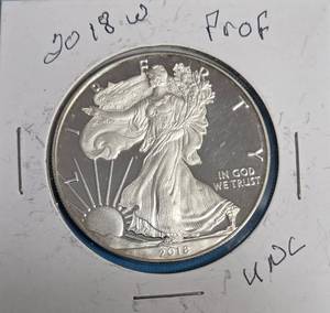 lot 13 image: 2018 W - American Silver Eagle - Proof Mint - 1 Oz. Fine Silver  (411,397 Minted)