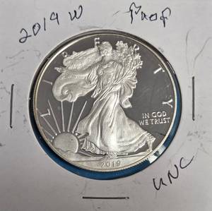 lot 14 image: 2019 W - American Silver Eagle - Proof Mint - 1 Oz. Fine Silver  (99,675 Minted)