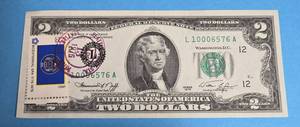 lot 37 image: 1976 $2 Bill With Utah Bicentennial Stamp - Low Serial Number - Crisp Bill (Very Collectible)