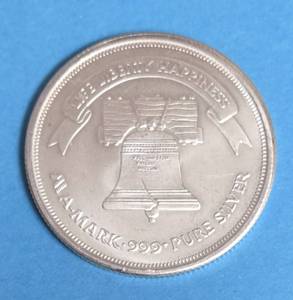 lot 51 image: A-Mark 1 Oz .999 Silver Liberty Bell BU Round Life, Liberty &amp Happiness&nbsp - Uncirculated Condition -Very Collectible