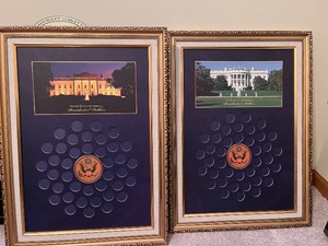 lot 176 image: Pair of Framed Presidential Dollars Display Boards with White House Images
