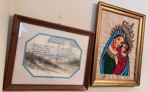 lot 177 image: Set of 2 Framed Religious Artworks Footprints Poem & Madonna with Child