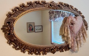 lot 183 image: Vintage Ornate Oval Wall Mirror with Lace Heart Wall Hanging