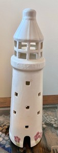 lot 206 image: Ceramic Lighthouse Tealight Holder with Floral Accents, 8-inch