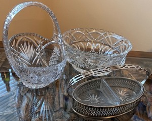 lot 236 image: Set of 3 Vintage Cut Glass Bowls and Basket with Silverplate Caddy