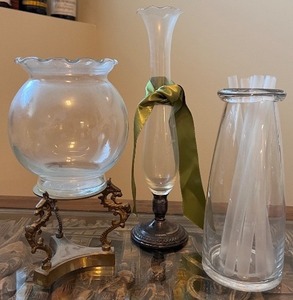 lot 237 image: Set of 3 Decorative Glass Vases with Brass and Metal Stands