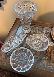 lot 239 image: Cut Glass Crystal Tableware Collection with Vase and Dishes