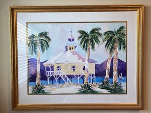 lot 197 image: Dennis Luken Framed Watercolor Art of Lighthouse with Palm Trees
