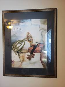 lot 270 image: Framed Artwork Print Featuring Violin and French Horn 26x31 Inches