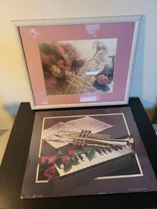 lot 278 image: Framed Trumpet and Roses Art Print with Unframed Keyboard & Trumpet Print, 16x20 in