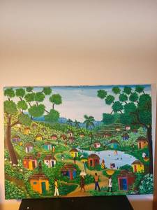 lot 283 image: 40 x 30 Original Village Scene Painting Signed Veronique