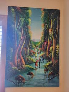 lot 285 image: 36x24 Inch Signed Painting Depicting Figures in Forest Scene by Hugues