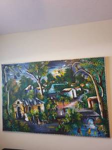 lot 286 image: Veronique Signed Large Village Scene Painting on Canvas 58 x 40 Inches