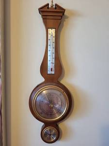 lot 328 image: Vintage Wall-Mounted Wood Barometer with Thermometer and Hygrometer