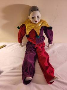 lot 352 image: Large Porcelain Pierrot Clown Doll with Velvet Costume and Star Detail